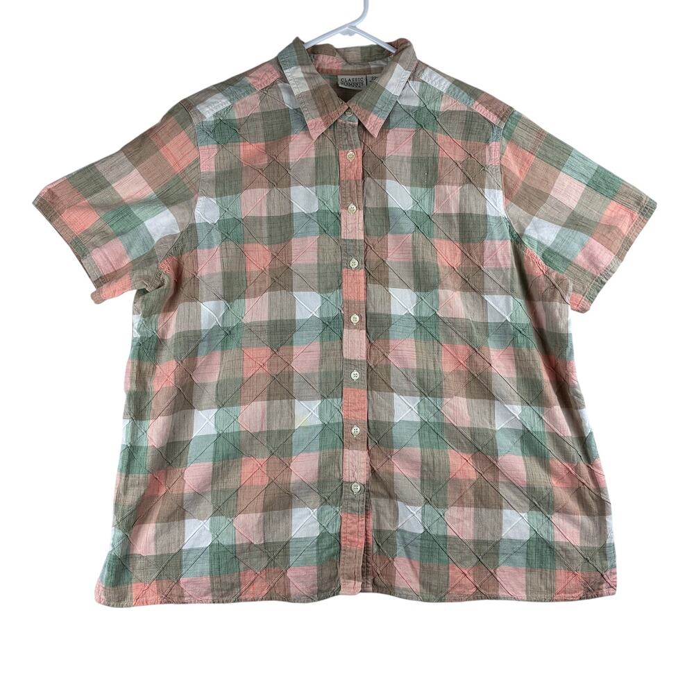 Classic Elements Short Sleeve Button Up Blouse Women's 22W Quilted Lattice Plaid - Picture 1 of 10